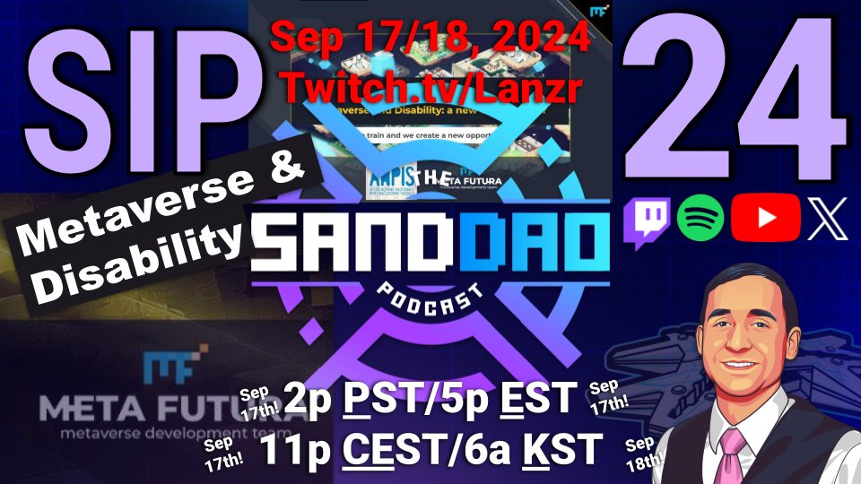 🎙️Hey #SandFam! SANDDAO 24 with @FuturaMeta
happening TOMORROW (Tuesday) via 🔗 Twitch.tv/Lanzr 🔗 We'll be talking about SIP Metaverse &amp; Disability. We'll have a live translator for an Italian-to-English conversation 🙂 Come with questions! #TheSandboxDAO #TheSandboxGame