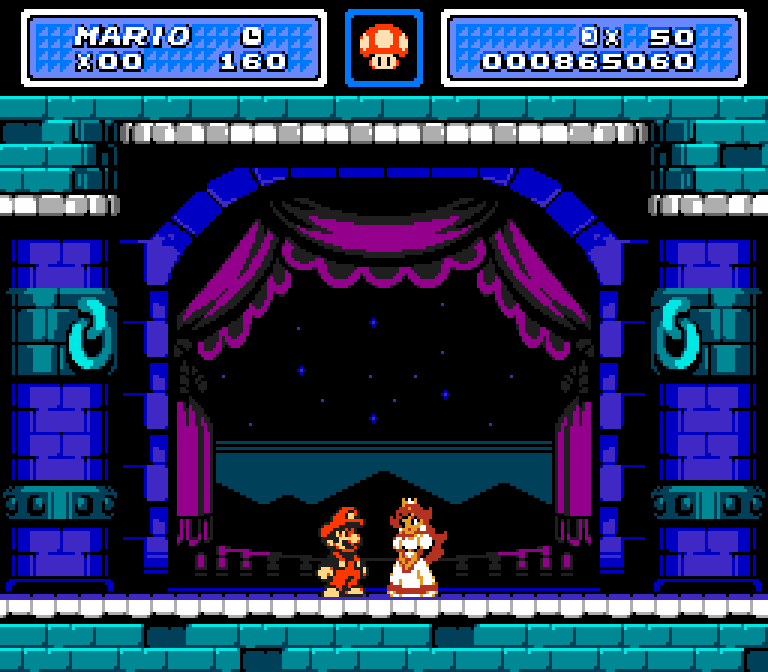 Still experimenting with this Peach (Mario 1?) redraw. Redid the castle rescue scene. Mario sprite is now optimized for 3 colors, plus transparency. Updated the HUD. Game had no item slot, but
