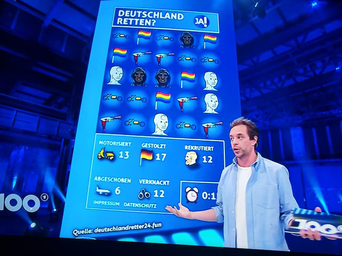 🐝 Anna Leisten (@leisten_anna) on Twitter photo Grüße gehen raus an die @ARDde
Erst wird <a href="/DRetter24/">DeutschlandRetter24</a> durchgespielt, dann die GEZ abgeschafft. Meldet euch schonmal beim Jobcenter.
#die100 Grüße gehen raus an die @ARDde
Erst wird <a href="/DRetter24/">DeutschlandRetter24</a> durchgespielt, dann die GEZ abgeschafft. Meldet euch schonmal beim Jobcenter.
#die100