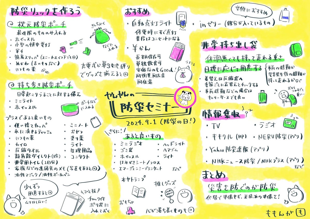 yanyan_mattari's tweet photo. 防災セミナーに参加してくれた
ももんがちゃん@momonga_libe がグラレコしてくれました✍️

セミナーを聞きながら下書きして
▶︎確認してくれて
▶︎色塗りして完成！

…超人過ぎませんか？
可愛いし分かりやすいしラブ！

 #グラレコとはグラフィックレコーディングのことでグラコロではありません🍔 https://t.co/stWyISVm78