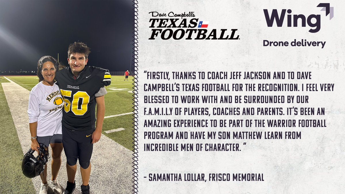 Dave Campbell's Texas Football — TexasFootball.com (@dctf) on Twitter photo Dave Campbell's and <a href="/Wing/">Wing</a> are highlighting parents that go above and beyond for their programs with the Special Delivery Parent Appreciation Award.
Introducing our second nominee, Samantha Lollar from <a href="/FriscoMemo_FB/">Frisco Memorial Football</a>!
@2018Memorial <a href="/MemoWarriors/">Memorial Athletics</a> <a href="/CoachJackson84/">Jeff Jackson</a> | #dctf #txhsfb Dave Campbell's and <a href="/Wing/">Wing</a> are highlighting parents that go above and beyond for their programs with the Special Delivery Parent Appreciation Award.
Introducing our second nominee, Samantha Lollar from <a href="/FriscoMemo_FB/">Frisco Memorial Football</a>!
@2018Memorial <a href="/MemoWarriors/">Memorial Athletics</a> <a href="/CoachJackson84/">Jeff Jackson</a> | #dctf #txhsfb