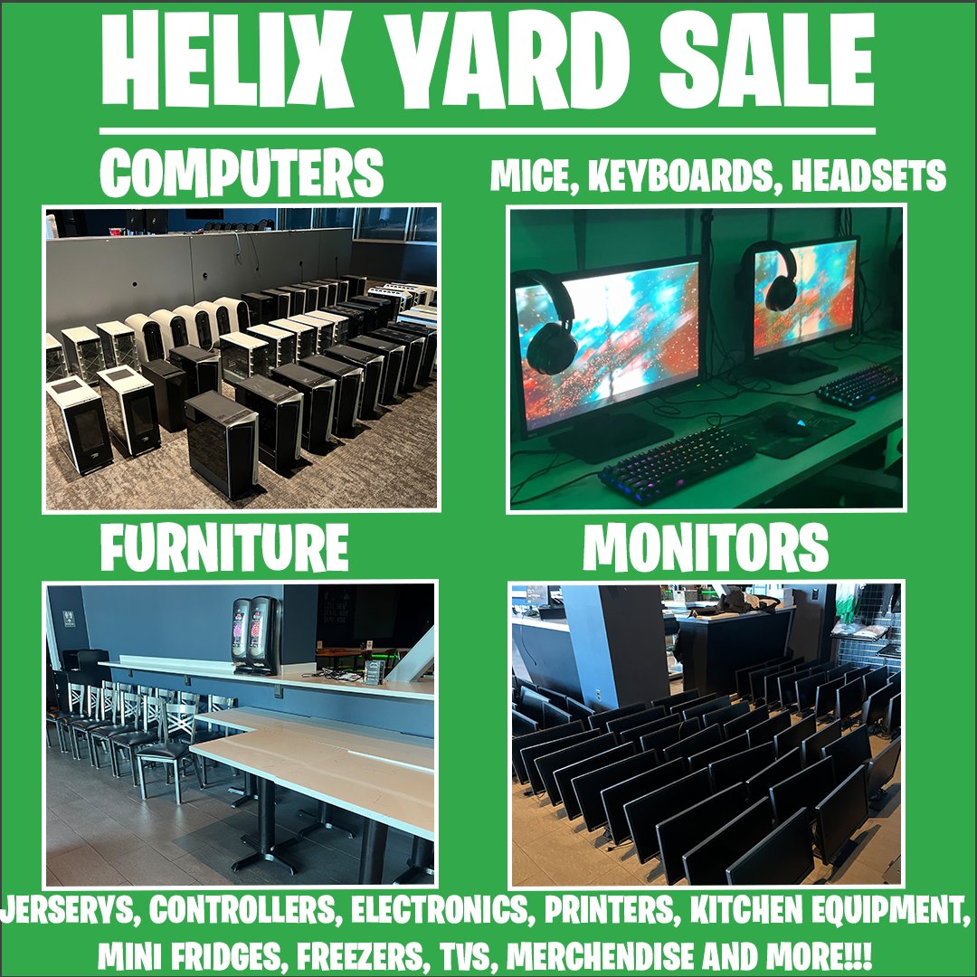 Helix Yard sale - This weekend! Great prices on computers, monitors, peripherals, eSports merch, resturaunt furniture and appliances and more! 

Friday 9/20 3:00 PM - 8:00 PM
Saturday 9/21 10:00 AM - 4:00 PM

23 Patriots Place, Foxborough, Massachusetts 02035

See you there!