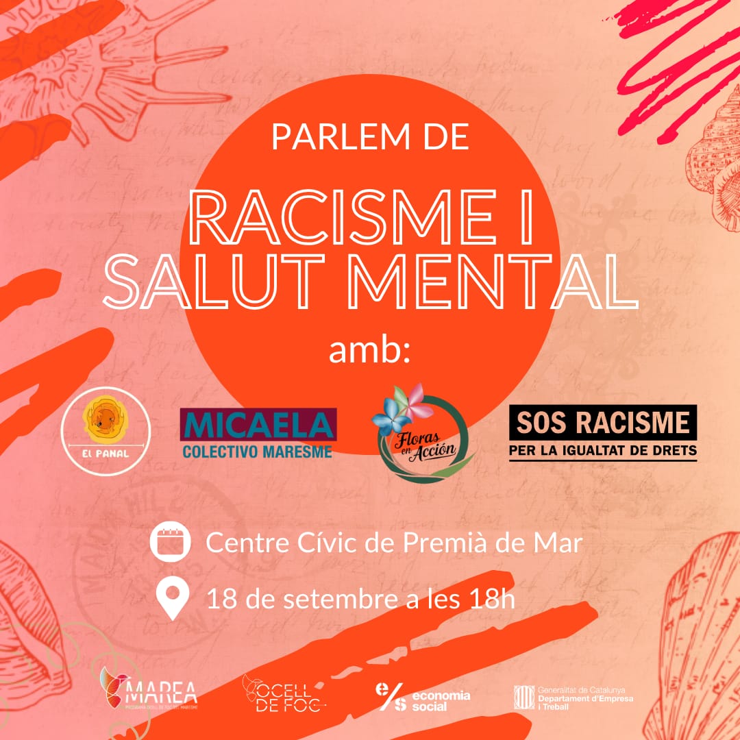 🌊📆dimecres 18 de setembre de 18h a 20h al Centre Cívic 
🤔 Reflexionarem entorn el racisme en la salut mental.
👁️Identificarem propostes per una salut mental antiracista i comunitària 
🗣️ amb la presència de <a href="/ColectivoMicae/">Colectivo Micaela</a>
<a href="/SOSRacis/">Sos Racisme Catalunya</a>, Floras en Acción La Abeja del Panal
🌊