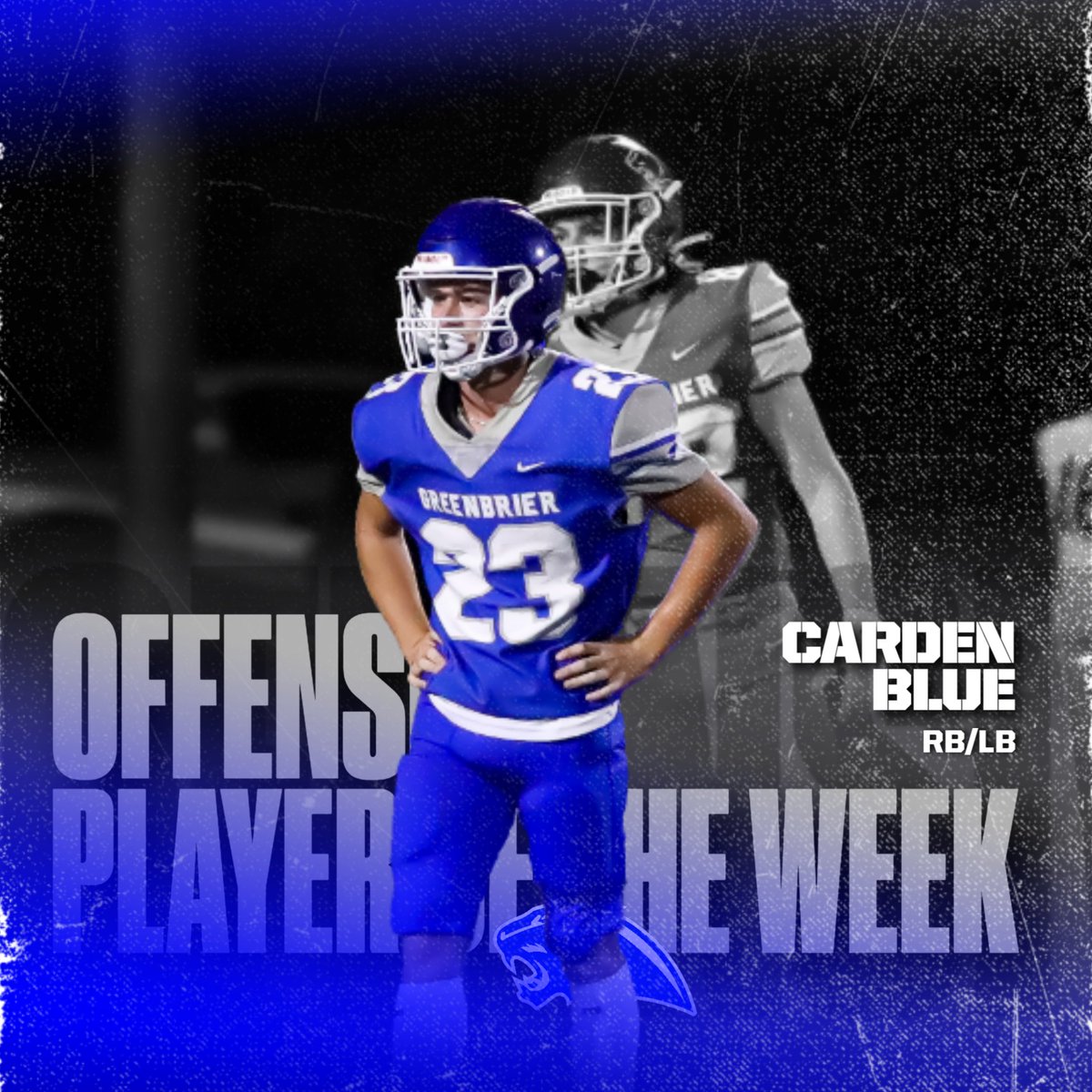 BrierFootball's tweet photo. Congratulations to Soph RB/LB Carden Blue on being named Offensive Player of the Game for Week 3 against Van Buren!

Carden finished the night with 17 carries for 47 yards and 2 TDs #PantherWay https://t.co/8kMoi3dQLl