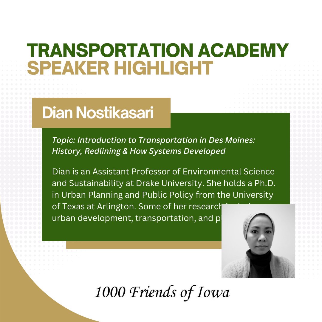1000FriendsofIA's tweet photo. We’re pleased to have Dian Nostikasari speaking at the Transportation Academy! With deep experience in urban development and transportation, Dian will provide insights on making our transportation system more accessible and safe. Apply today!

https://t.co/w8OgSwydAw https://t.co/q006DYnkeq