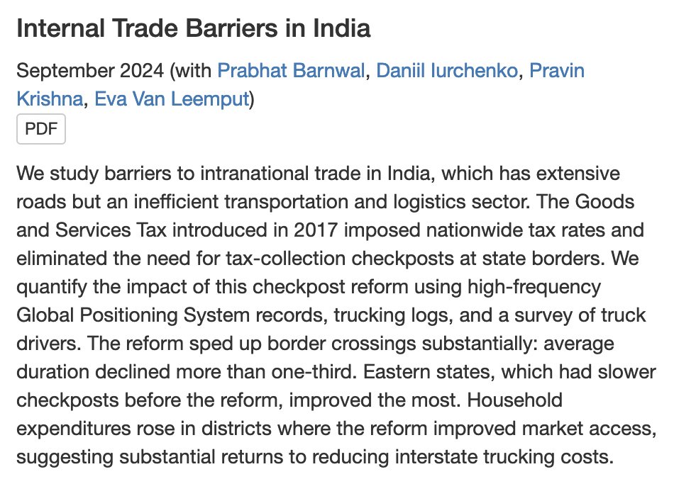🚨🚚🇮🇳 New! 
"Internal Trade Barriers in India"
with <a href="/PrabhatBarnwal/">Prabhat Barnwal</a>, <a href="/Daniil_Iur/">Daniil Iurchenko</a>, <a href="/krishna_pravin/">Pravin Krishna</a>, Eva Van Leemput

I will present it this week at <a href="/CESifoNetwork/">CESifo</a> Workshop on Big Data in Urban and Regional Economics and the #UEA2024 meeting at Georgetown.

jdingel.com/research/Barnw…
