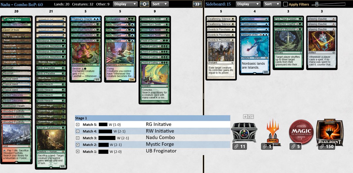 Siggy93's tweet photo. 🏆#3  With Nadu Combo. My last opponent just decided he had enough after 1 game 😅, while I had a crazy long and complex game against Froginator in game 2 (see 2nd pic). 
I'm still struggling to find the right combination between main and side. https://t.co/odNbQA2Ur7