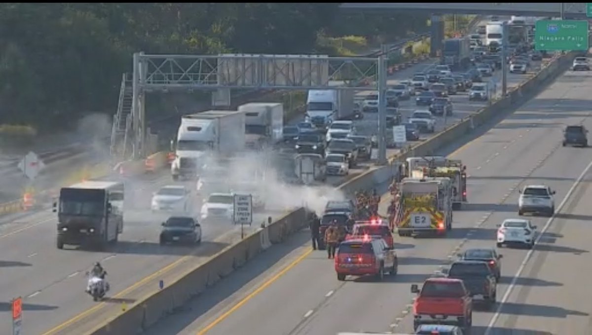 #TrafficAlert: Vehicle fire on the 190 North, just before the Peace Bridge, as you’re heading out of downtown. The left lanes are blocked. Expect delays in both directions. #Traffic #BuffaloTraffic #Buffalo <a href="/1065WYRK/">106.5 WYRK</a> <a href="/937WBLK/">Power 93.7 WBLK</a> <a href="/New961Buffalo/">The New 96.1</a> <a href="/929WBUF/">92.9 WBUF</a>