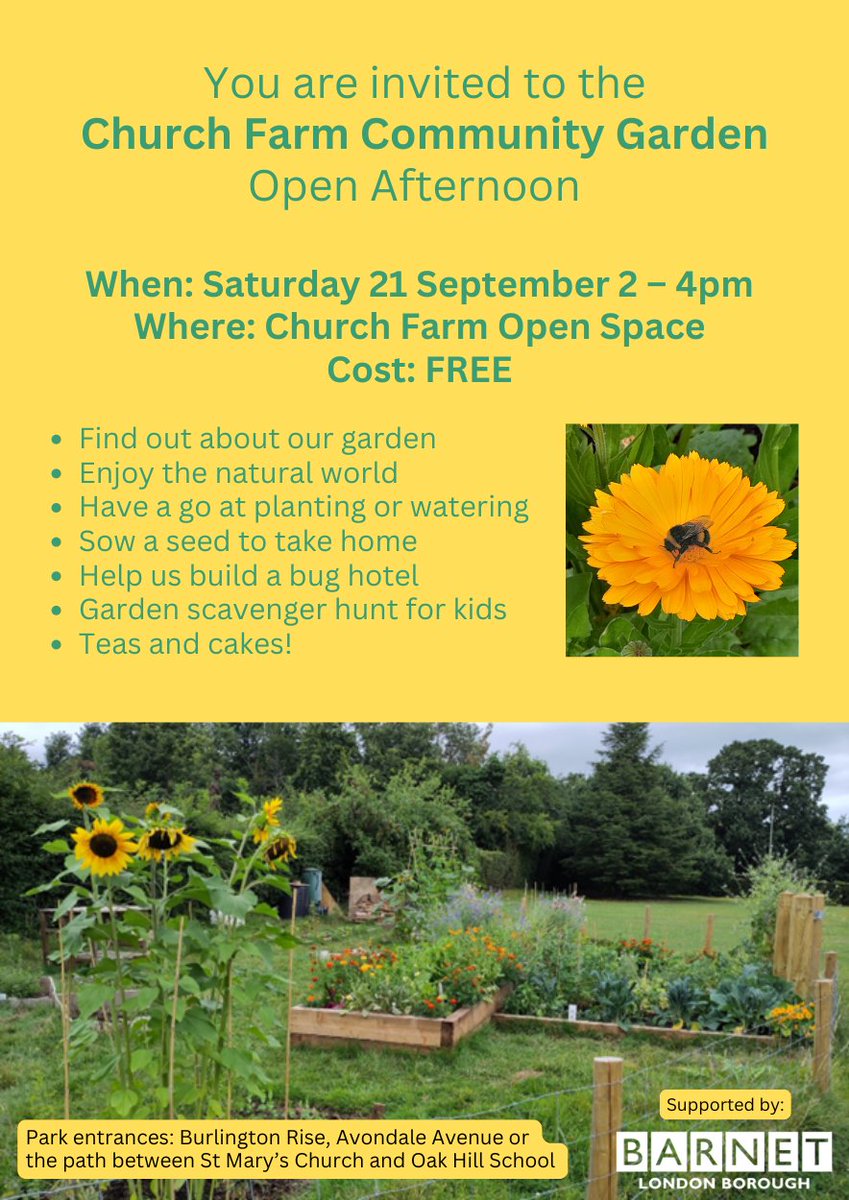 Garden party at Church Farm Open Space this Sat, 21 Sep. Drop in any time between 2 and 4pm! 

Pop along to sow some seeds to take home, find out about the new space (funded this year by
<a href="/BarnetCouncil/">Barnet Council</a>), take part in a scavenger hunt around the garden and eat some 🧁

💰FREE