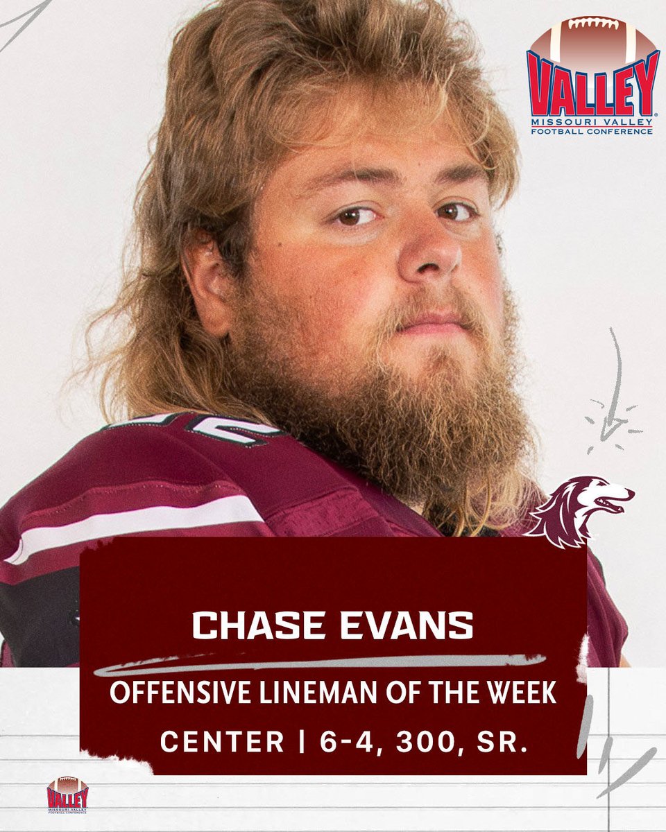 Saluki Football (@siu_football) on Twitter photo BREAKING — Chase Evans was named the <a href="/ValleyFootball/">Valley Football</a> Offensive Lineman of the Week. He graded out at 91% with 5 knockdowns and no sacks allowed vs. UIW.
<a href="/chazz54evans/">Chase Evans</a> | #RunWithUs BREAKING — Chase Evans was named the <a href="/ValleyFootball/">Valley Football</a> Offensive Lineman of the Week. He graded out at 91% with 5 knockdowns and no sacks allowed vs. UIW.
<a href="/chazz54evans/">Chase Evans</a> | #RunWithUs