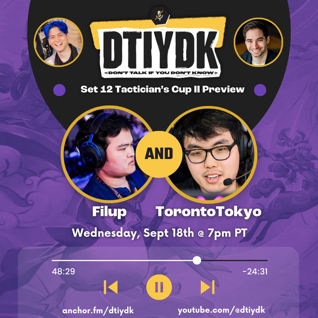 This Wednesday, we welcome <a href="/FilupTFT/">Z10 Filup</a> and TORONTOTOKYO to preview America's Tactician Cup #2!

How's the current meta looking? Who will come on top? Any dark horses?

Join us to see the discussion LIVE on📅 Wednesday, Sept 18th @ 7pm PT / 10pm ET
at
twitch.tv/frodan