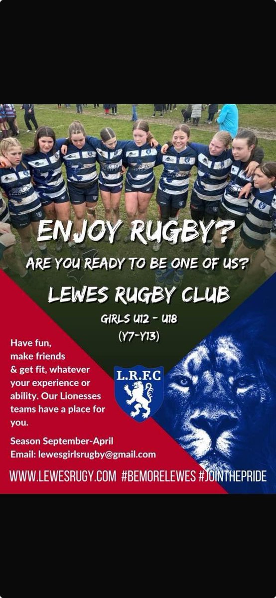 New season alert!
Come join Lewes Rugby Club today!
#GirlsRugby #ThisGirlCan
