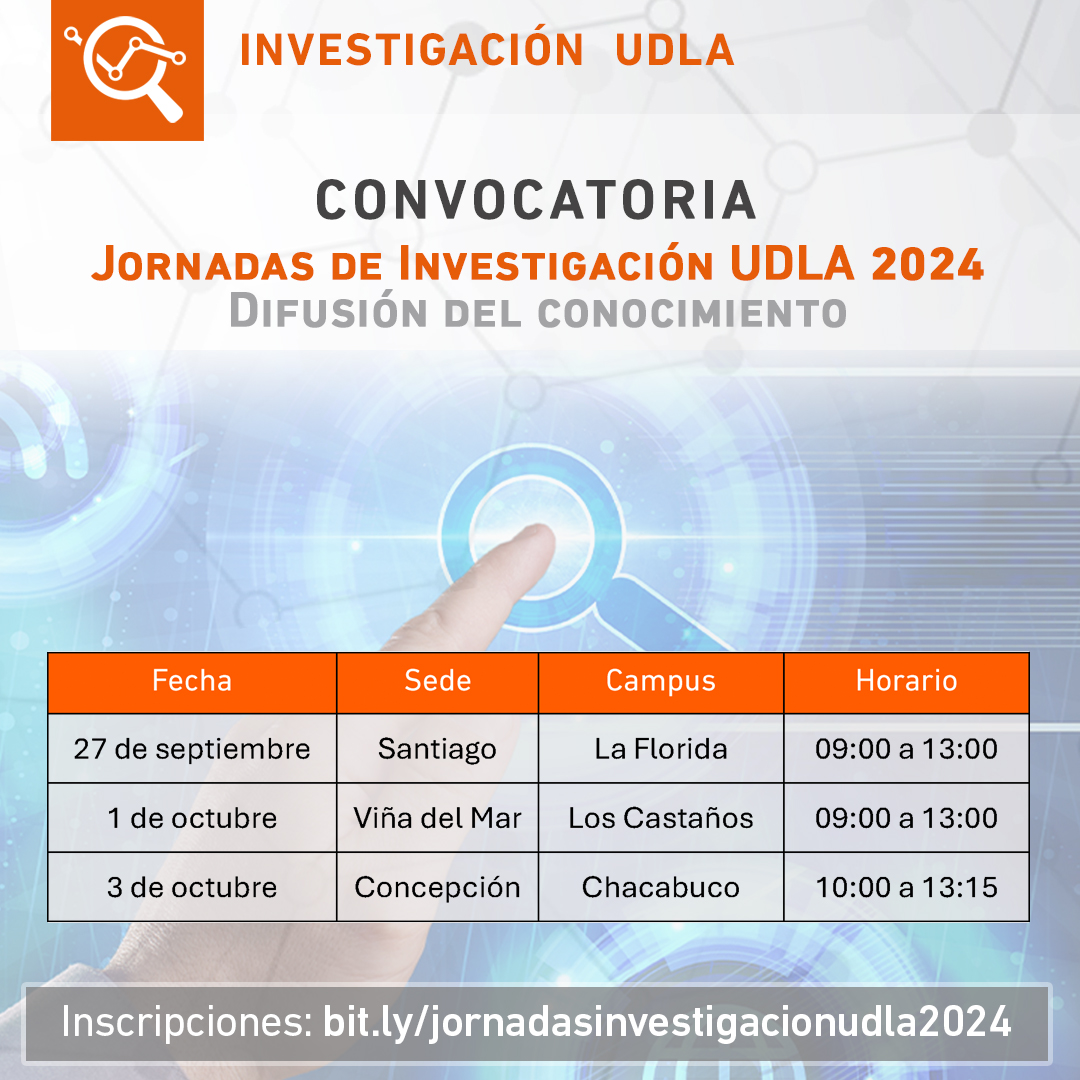 🔬Participa de las Jornadas de #Investigación UDLA 2024: Difusión del Conocimiento, dirigidas a académicos investigadores.
👉Inscripciones, gratuitas: bit.ly/jornadasinvest…