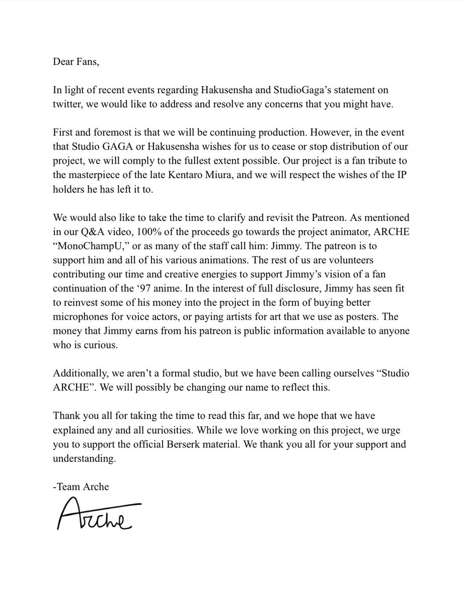 ARCHE_Animation's tweet image. Our official statement on recent events that have unfolded over the past few days.