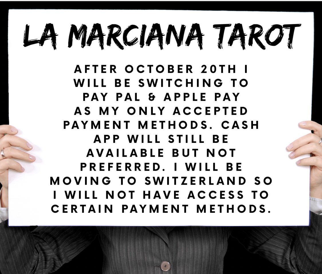 🚨After October 20th I will be switching to Pay Pal &amp; Apple Pay as my only accepted payment methods.🚨

Cash app will still be available but not preferred.

I will be moving to Switzerland so I will not have access to certain payment methods.