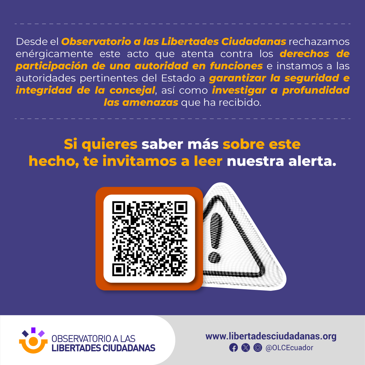 La concejal de Ambato <a href="/sabigamboav/">Sabina Gamboa</a> denunció haber sido amenazada por un Grupo Delincuencial Organizado.

El Estado debe garantizar la seguridad de los actores políticos e investigar estos hechos que atentan contra la #democracia.

Más aquí: bit.ly/3MOLCIY
