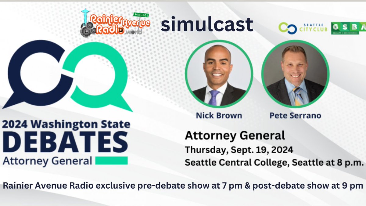 RainierAvenueRadio.World (@rainieraveradio) on Twitter photo We are hosting 2 local Debates with partners, Converge Media, Q13, Kiro7, KUOW & Cascade PBS this week! Tune in Sept 18th 6pm for the Sea City Council Pos. 8 & Sept 19th 7pm for the Attorney General debates. Q's for the candidate's email: ZJones.RainierAvenueRadio@gmail.com We are hosting 2 local Debates with partners, Converge Media, Q13, Kiro7, KUOW & Cascade PBS this week! Tune in Sept 18th 6pm for the Sea City Council Pos. 8 & Sept 19th 7pm for the Attorney General debates. Q's for the candidate's email: ZJones.RainierAvenueRadio@gmail.com