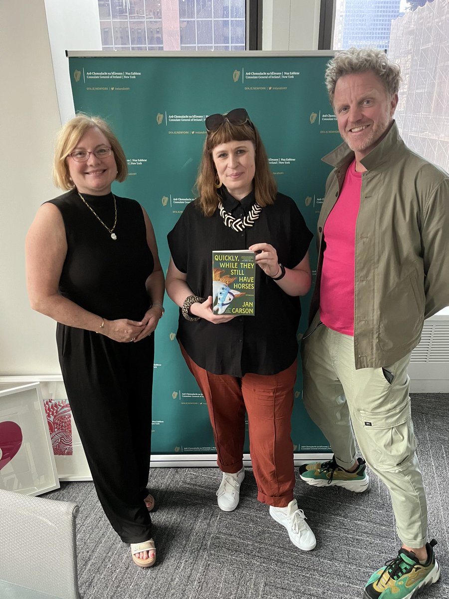 greenlightarts's tweet photo. 📚The Consul General and Cultural Affairs Officer Nik Quaife recently met Belfast author Jan Carson in advance of the U.S. launch of her short story collection ‘Quickly While They Still Have Horses’ at Irish Arts Center. Secure your tickets here: https://t.co/BFwCxELw07 https://t.co/OAmDRNDYwG