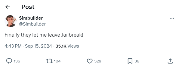 RoGameNews's tweet photo. It seems like the Roblox Developer "Simbuilder" (@Simbuilder) is finally back after the incident at "Roblox Developer Conference 2023".

#RobloxDevs #RIA24 #RDC24 #RobloxDev #Roblox #Simbuilder #Arrested #New #Breaking https://t.co/6e1T6HhwrL