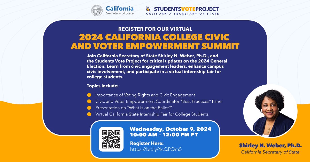Join California Secretary of State Shirley N. Weber, Ph.D., &amp; the Students Vote Project for important updates on the 2024 General Election. Learn from civic engagement leaders, enhance campus civic involvement, &amp; participate in a virtual internship fair for college students.