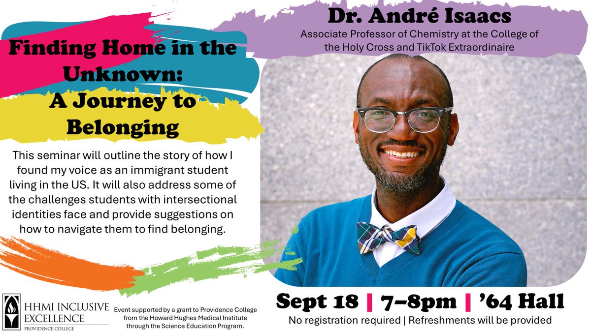 PC Biology (@friarbiology) on Twitter photo THIS WEDNESDAY, Sept 18!
7-8pm, ā64 Hall
The STEM Advisory Board welcomes Dr. Andre Isaacs as the first guest speaker in this yearās theme of Belonging. Join <a href="/drdre4000/">AndrĆ© K Isaacs</a> for a special evening seminar with students! THIS WEDNESDAY, Sept 18!
7-8pm, ā64 Hall
The STEM Advisory Board welcomes Dr. Andre Isaacs as the first guest speaker in this yearās theme of Belonging. Join <a href="/drdre4000/">AndrĆ© K Isaacs</a> for a special evening seminar with students!