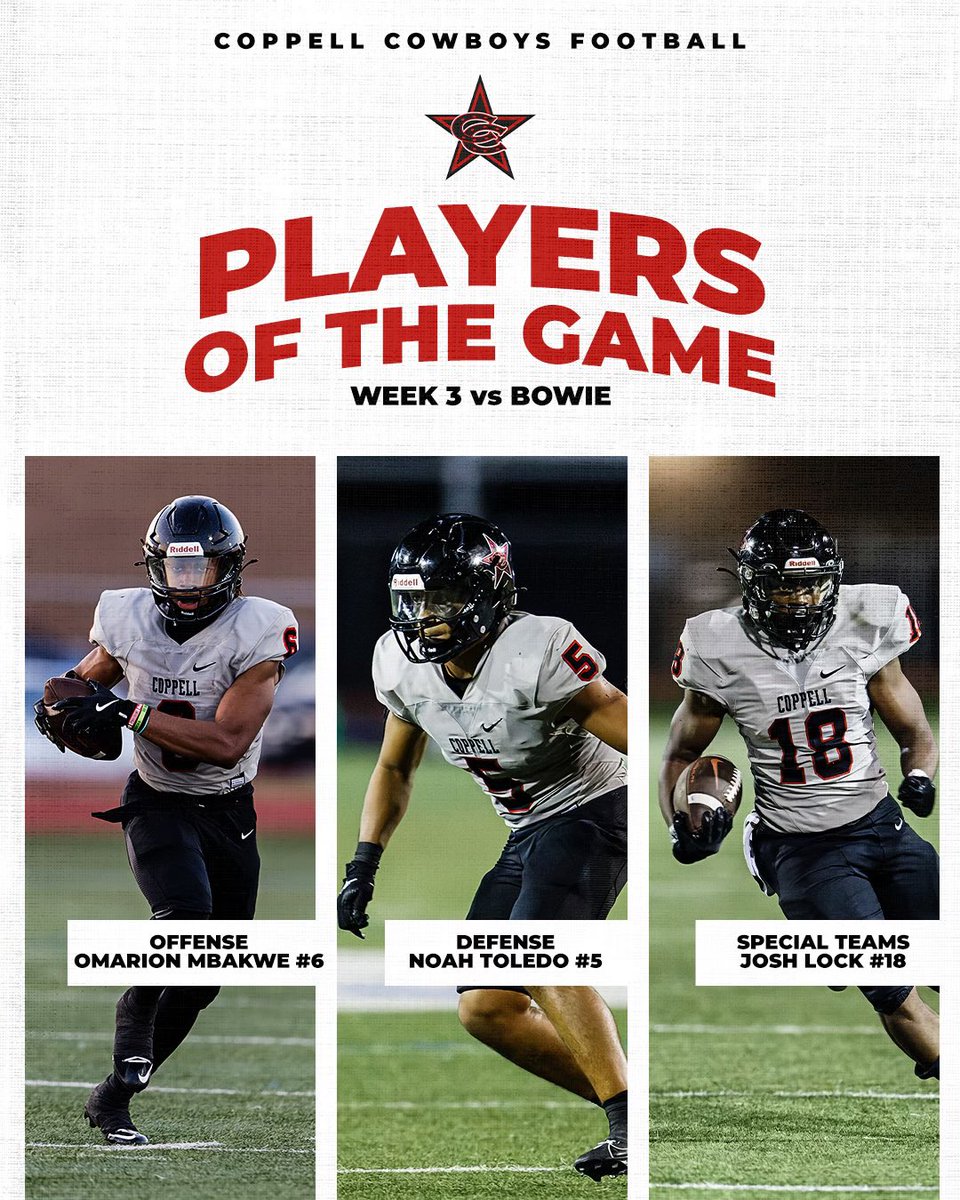 Coppell Football (@coppellfootball) on Twitter photo Congratulations to our players of the game vs. Arlington Bowie
Offense - <a href="/omarmbakwe/">Omarion Mbakwe</a>
Defense - <a href="/_noahtoledo_/">Noah Toledo</a>
Special Teams - Joshua Lock Congratulations to our players of the game vs. Arlington Bowie
Offense - <a href="/omarmbakwe/">Omarion Mbakwe</a>
Defense - <a href="/_noahtoledo_/">Noah Toledo</a>
Special Teams - Joshua Lock