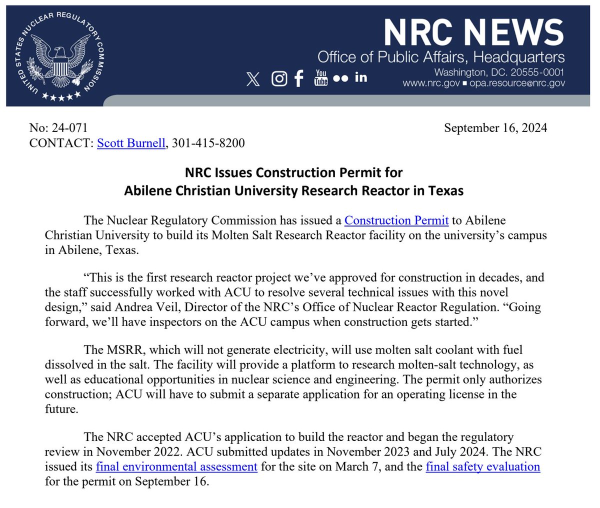 Federal nuclear power regulators gave the go-ahead Monday for the first research nuclear reactor in more than 40 years, and it's here in Texas. Where? <a href="/ACUedu/">Abilene Christian University</a>