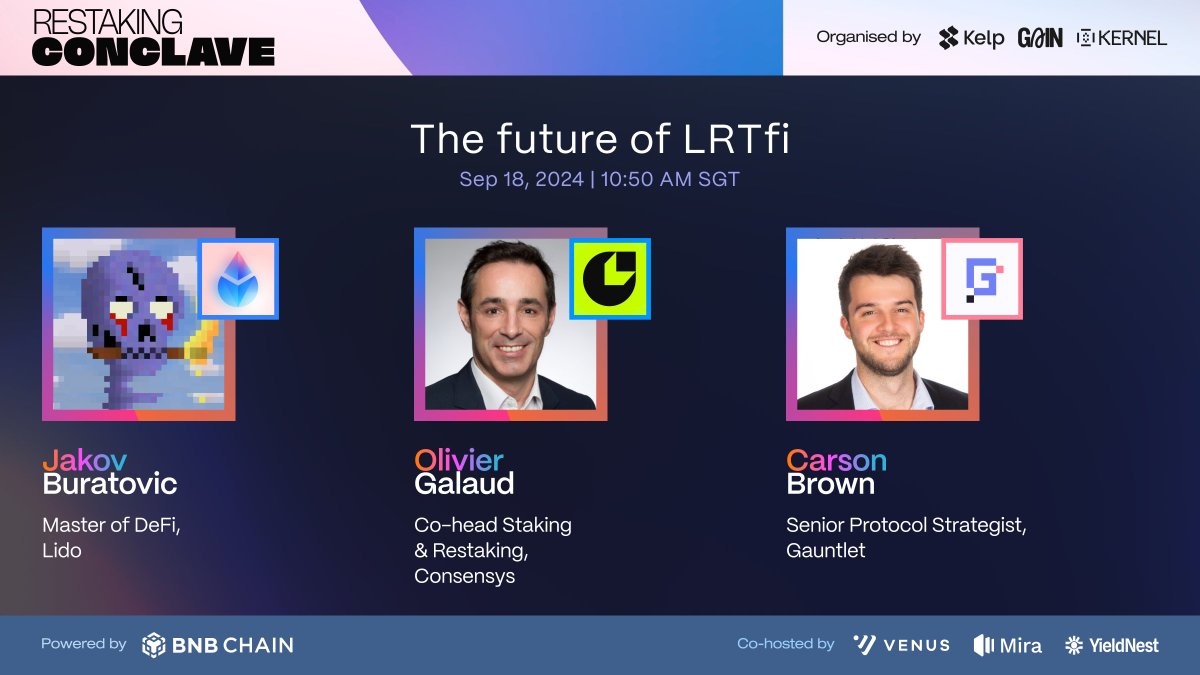 We're delighted to introduce an amazing set of speakers for The Future of LRTfi panel at the Restaking Conclave!

Get early alpha on what's cooking in these protocols!
✦ <a href="/defiyaco/">defiyaco</a>, Master of DeFi at <a href="/LidoFinance/">Lido</a>
✦ <a href="/oliviergalaud/">Olivier</a>, Co-head Staking &amp; Restaking at <a href="/Consensys/">Consensys.eth</a>
✦