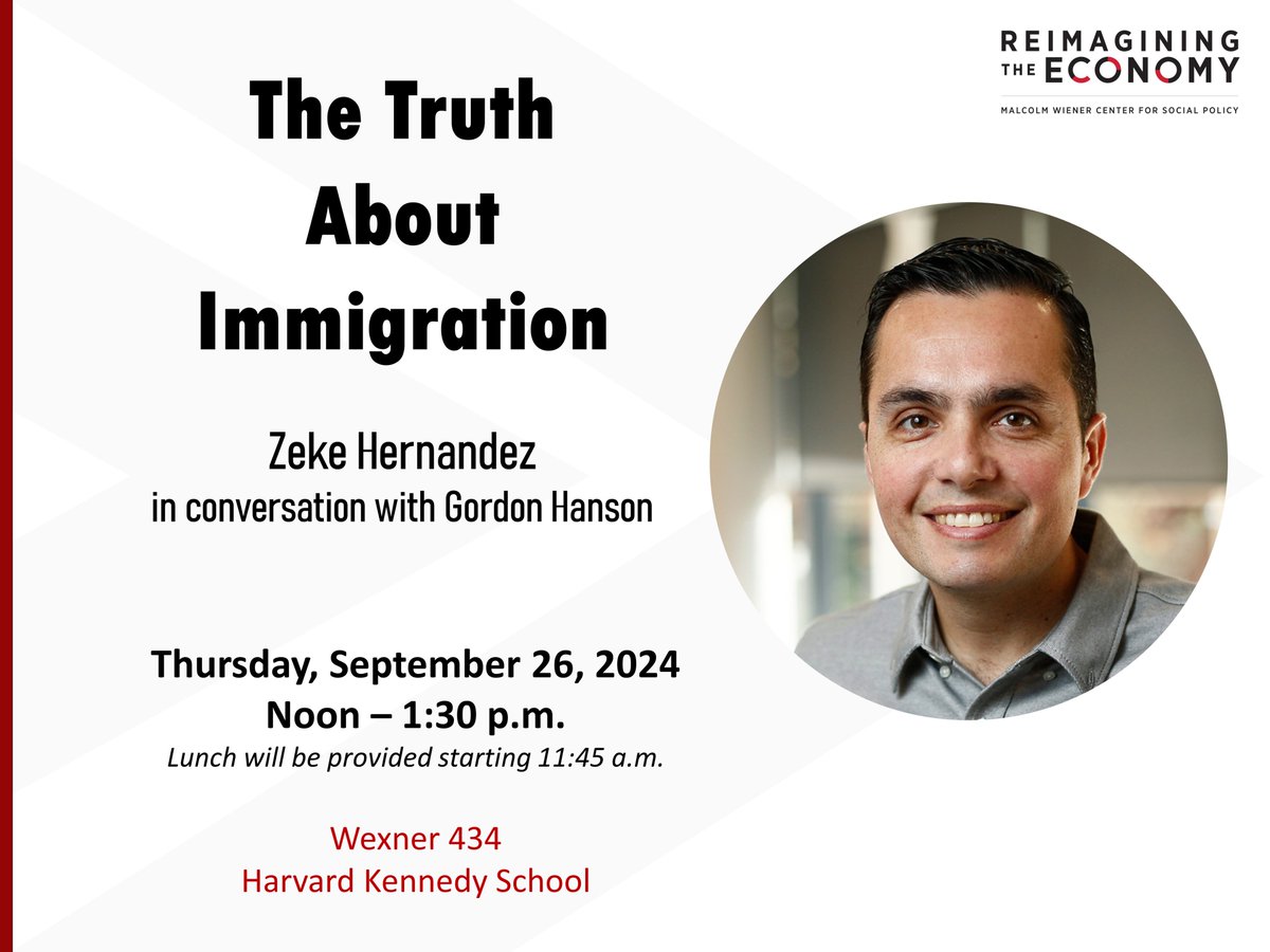 If you're in the Cambridge area, we're hosting an event next week with <a href="/profzeke/">Zeke Hernandez</a> (<a href="/Wharton/">The Wharton School</a>) about his 20 years of research on immigration, the myths surrounding it, and the overlooked impact of immigrants on investment &amp; job creation. Register here: hks.harvard.edu/events/truth-a…