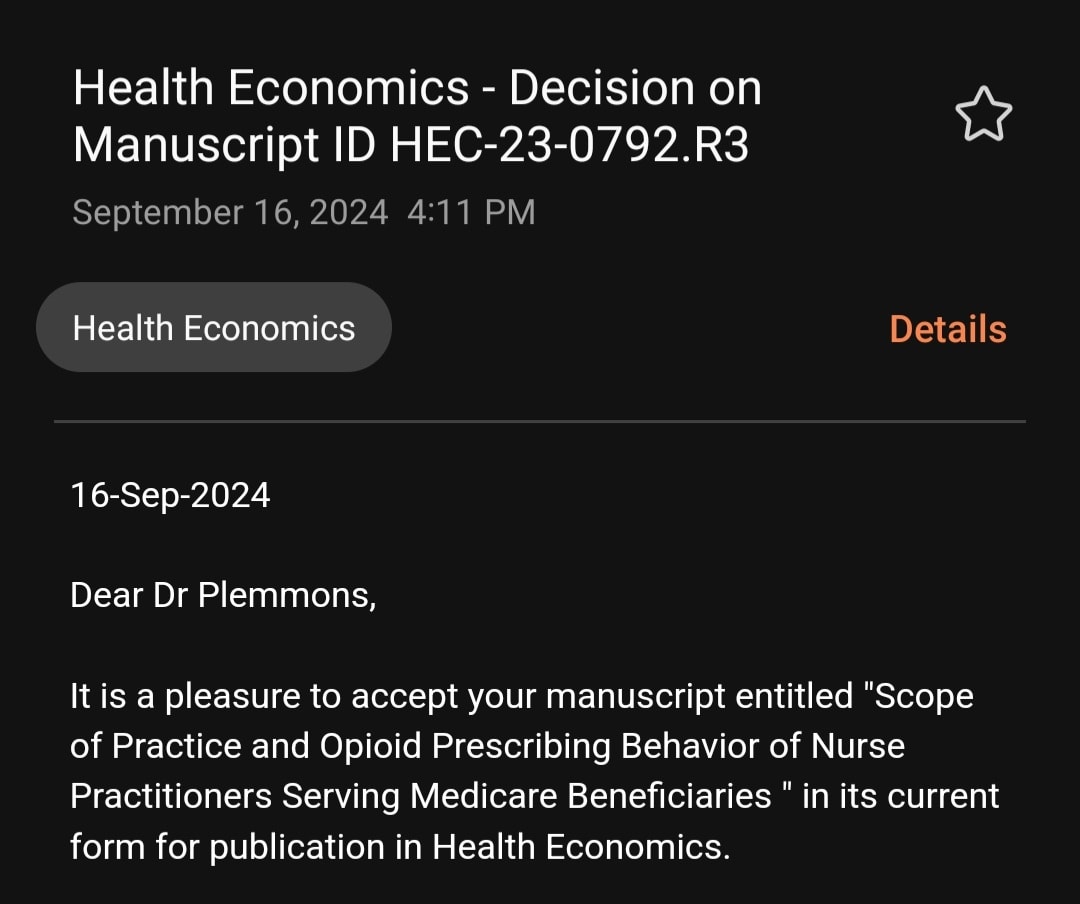 I use this paper to show my students how hard it is to publish null results, even if SUPER important. 4 years with rejections of "fascinating, but we don't publish nulls." I'm happy this passion project (and my fave paper) with <a href="/econshishir/">econshishir</a> has found a great home at Health Econ!!