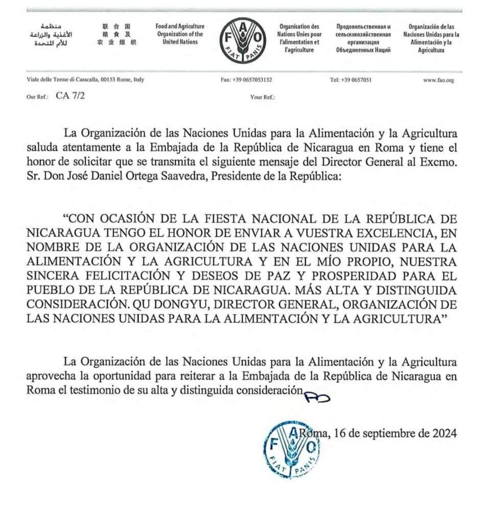 taniasandinista's tweet photo. Director General de la FAO saluda a Nicaragua por celebrar sus Fiestas Patrias. https://t.co/0ie6OyTnlS