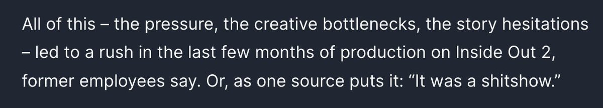 This is a really tough article about the sad state of Pixar's culture right now, while Disney and Bob Iger reap their success.

It also includes this gem: