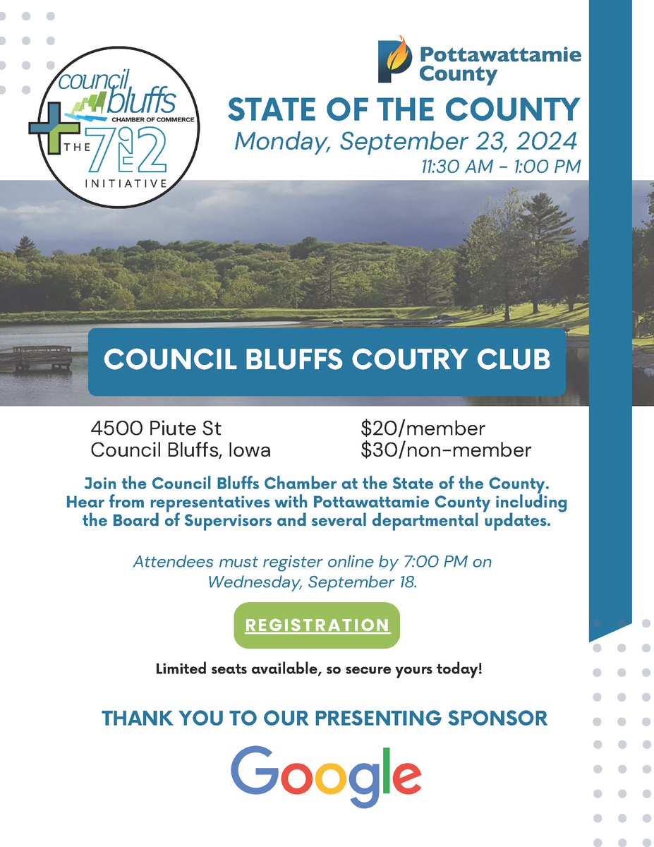712Initiative's tweet image. Join us at the State of the County. Hear from representatives with Pottawattamie County including the Board of Supervisors and several departmental updates. Attendees must register online by 7:00 PM on Wednesday, September 18.
Click here to register &amp;gt;&amp;gt; bit.ly/3Txa0Tb