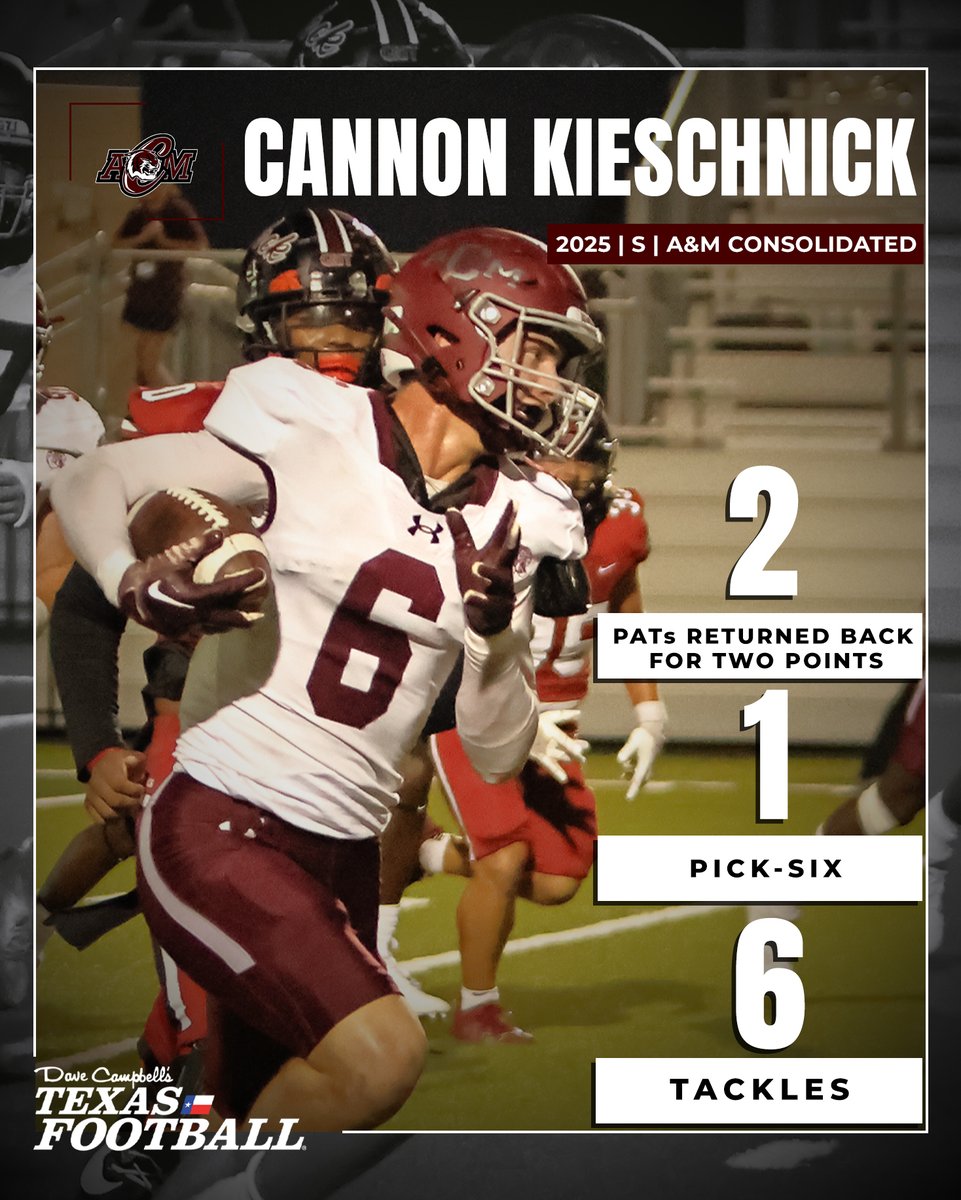 An absolutely WILD stat-line from <a href="/kieschnick_2025/">Cannon Kieschnick</a> last week 🤯

The <a href="/ConsolFootball/">A&M Consolidated Football</a> DB is lookin' TUFF ahead of Friday's rivalry game vs College Station.

#TXHSFB #dctf <a href="/CSISDAthletics/">College Station ISD Athletics</a>