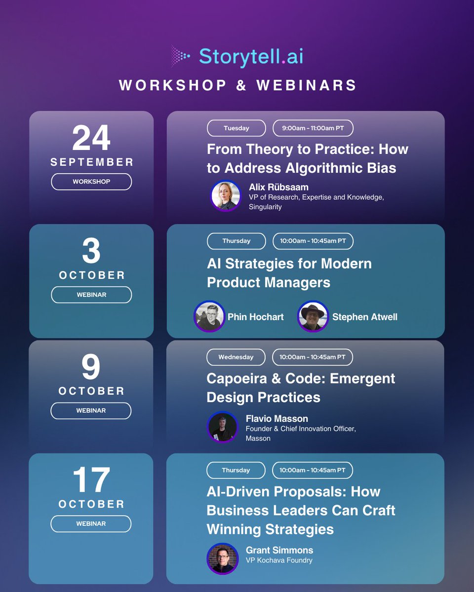 storytell_ai's tweet image. Gain actionable insights from leading experts in #algorithmicbias, #productmanagement, #designprinciple, and #proposalstrategies.

Register to our workshop &amp;amp; webinars: web.storytell.ai/upcoming-event…