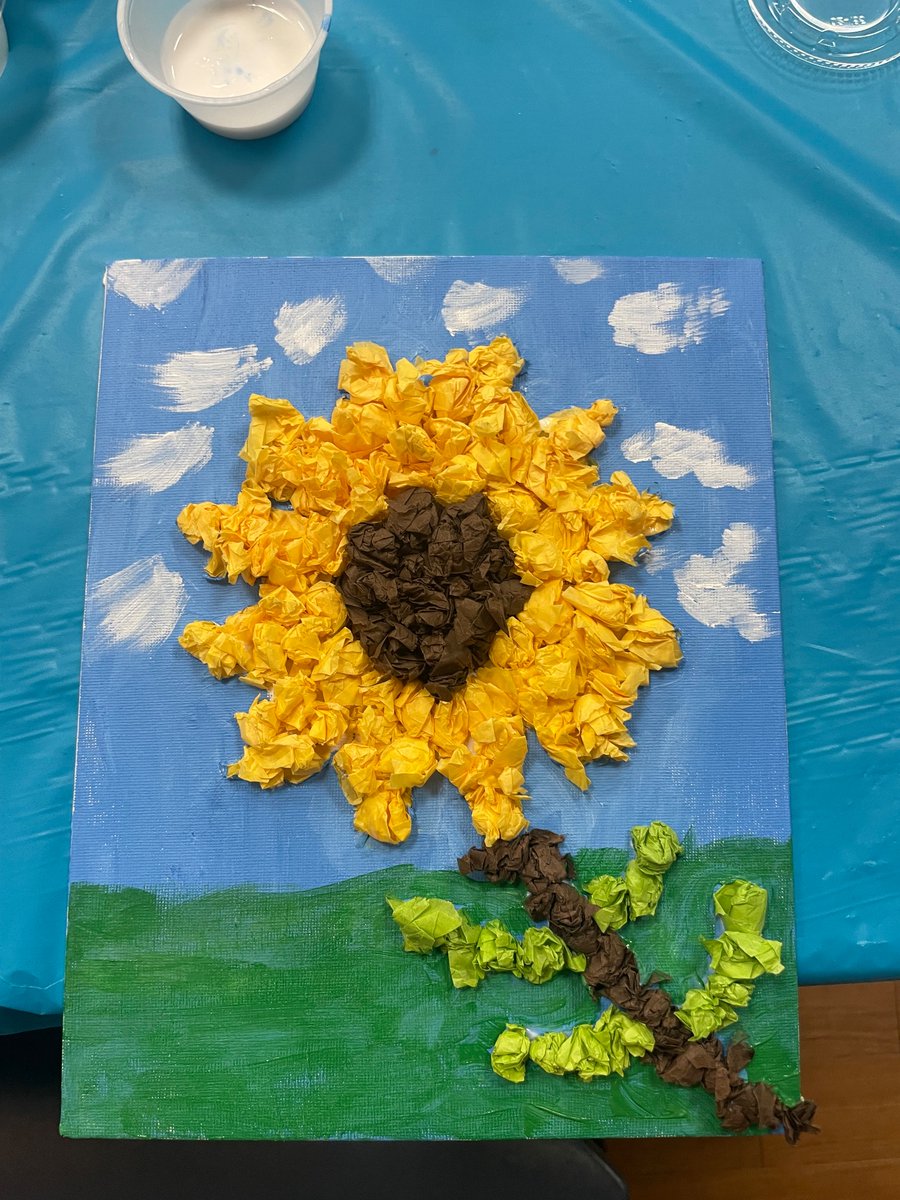 SomersetCounty1's tweet photo. Here is a quick glance at some of the sunflower tissue paper art that was created last week!🌻🩵 #tissuepaperart #librarycrafts https://t.co/e2BBJ6jbjJ
