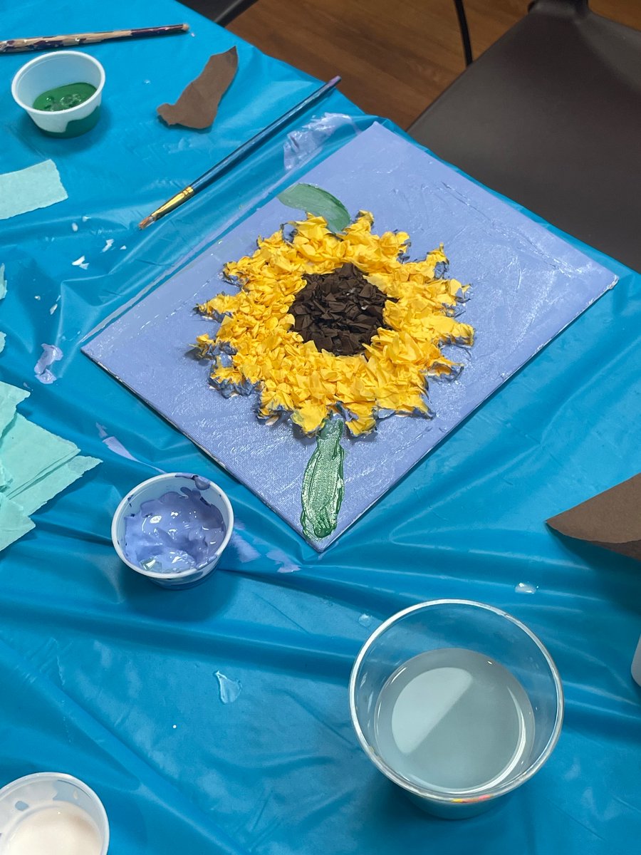 SomersetCounty1's tweet photo. Here is a quick glance at some of the sunflower tissue paper art that was created last week!🌻🩵 #tissuepaperart #librarycrafts https://t.co/e2BBJ6jbjJ