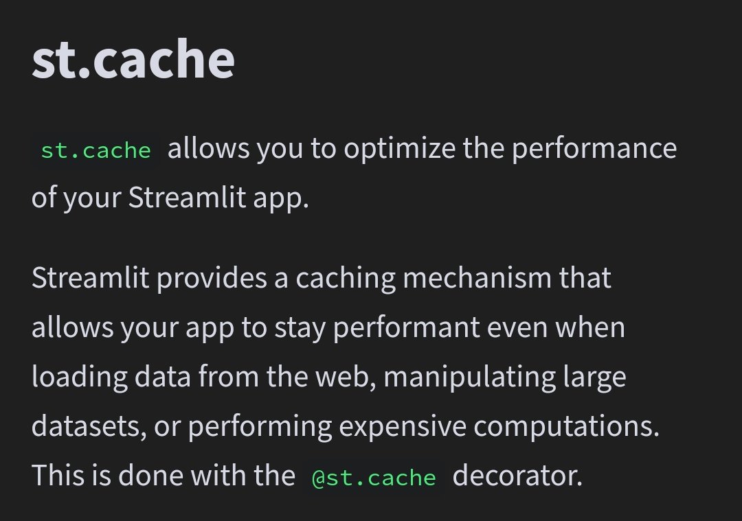 emmanuelani_'s tweet photo. Day 21 #30DaysOfStreamlit
Today, I was introduced to caching in Streamlit. This is achieved by using the `st.cache` decorator on Streamlit functions to optimize and speed up performance.
Tomorrow, we will look at how it is implemented in code. https://t.co/ljBK4XTruR