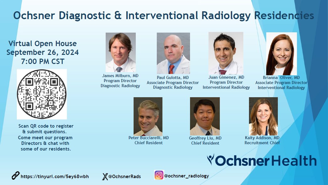James Milburn MD, FACR, FSNIS, MMM (@docroc99) on Twitter photo Ochsner Radiology is holding a virtual open house on Thursday, September 26 at 7pm central. Potential applicants will hear from DR / IR program leadership and interact with current residents. Follow the QR below⬇️ <a href="/futureradres/">Future Radiology Residents</a> <a href="/TheRadRoom/">TheRadRoom</a> <a href="/ACRRFS/">ACR RFS - We've Moved! Follow @RadiologyACR.</a> <a href="/OchsnerRads/">Ochsner Radiology</a> <a href="/OchsnerHealth/">Ochsner Health</a> Ochsner Radiology is holding a virtual open house on Thursday, September 26 at 7pm central. Potential applicants will hear from DR / IR program leadership and interact with current residents. Follow the QR below⬇️ <a href="/futureradres/">Future Radiology Residents</a> <a href="/TheRadRoom/">TheRadRoom</a> <a href="/ACRRFS/">ACR RFS - We've Moved! Follow @RadiologyACR.</a> <a href="/OchsnerRads/">Ochsner Radiology</a> <a href="/OchsnerHealth/">Ochsner Health</a>