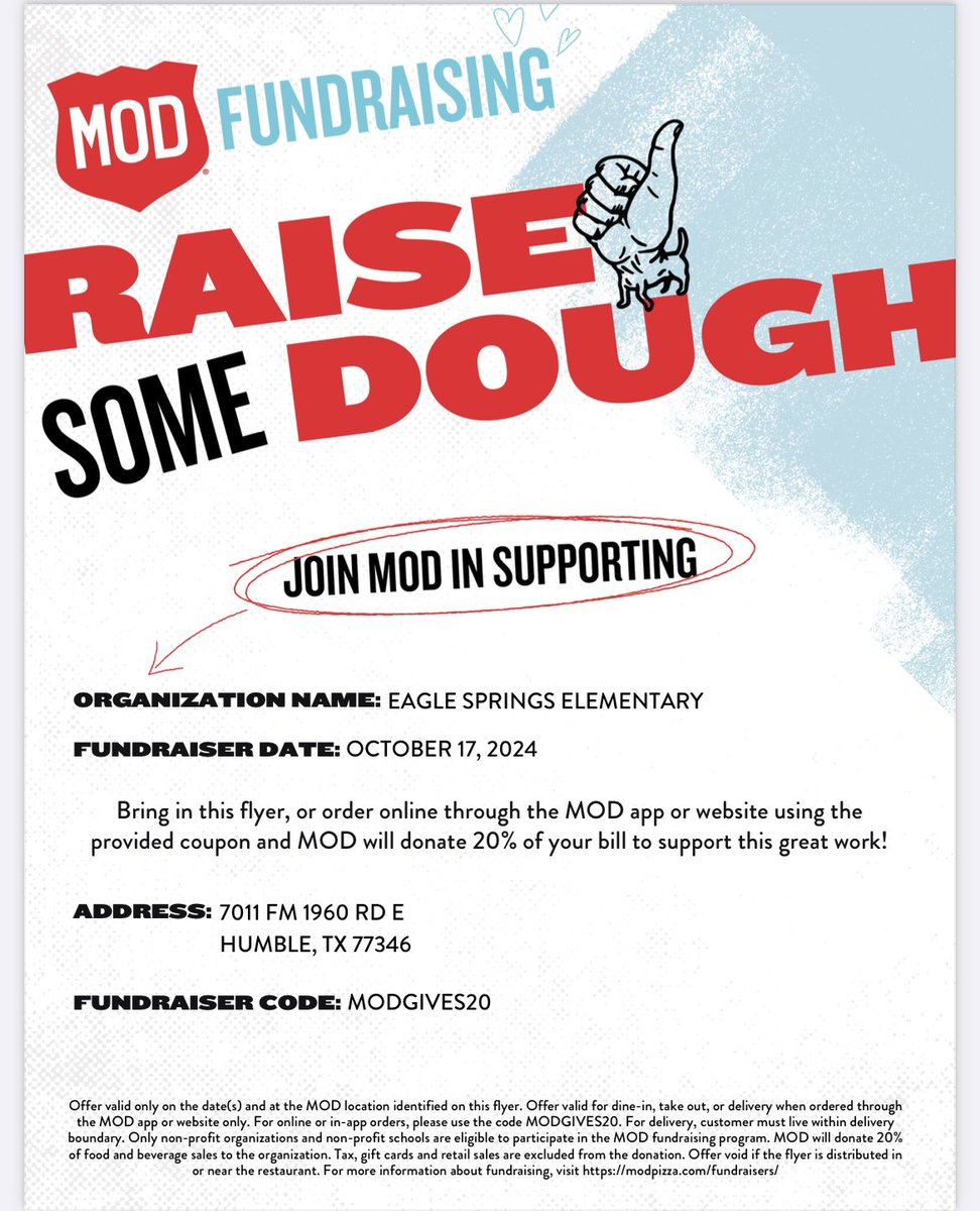 Tammi Davis (@mrsdavis_ese) on Twitter photo Mark your calendars for our fundraiser at MOD pizza on Oct 17. The fundraiser will be all day long. Please share with family and friends! Let’s raise some dough for ESE! <a href="/HumbleISD_ESE/">Eagle Springs Elem</a> <a href="/PtoEagle/">Eagle Springs Elementary PTO</a> Mark your calendars for our fundraiser at MOD pizza on Oct 17. The fundraiser will be all day long. Please share with family and friends! Let’s raise some dough for ESE! <a href="/HumbleISD_ESE/">Eagle Springs Elem</a> <a href="/PtoEagle/">Eagle Springs Elementary PTO</a>