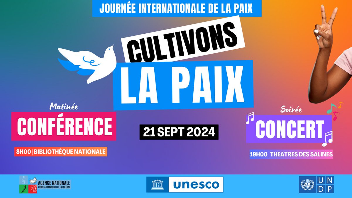 ⚪️À l’occasion de la #JournéeInternationaleDeLaPaix🕊️, l'<a href="/UNESCO/">UNESCO 🏛️ #Education #Sciences #Culture 🇺🇳</a>, le <a href="/PNUDDjibouti/">PNUD Djibouti - UNDP Djibouti</a> , <a href="/DjiboutiDere/">dere.djibouti officiel</a>  et l'<a href="/ANPCINFO/">ANPCDJIBOUTI</a>  vous invitent à 2 événements incontournables pour célébrer la #CultureDeLaPaix à #Djibouti :
1️⃣ Conférence-débat à 8h à la Bibliothèque Nationale de Djibouti,