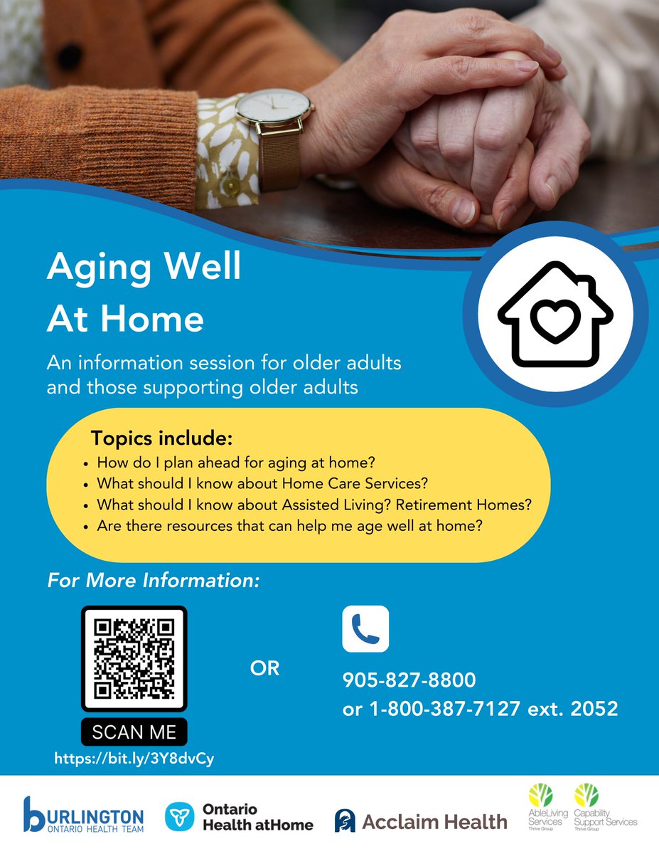 Join us for an info session for older adults and those supporting older adults to learn more about Aging Well At Home🏠! 
The first session will take place on Sept. 26 at the Burlington Seniors’ Centre. 
Here’s the link to register ➡️ acclaimhealth.ca/programs/home-…