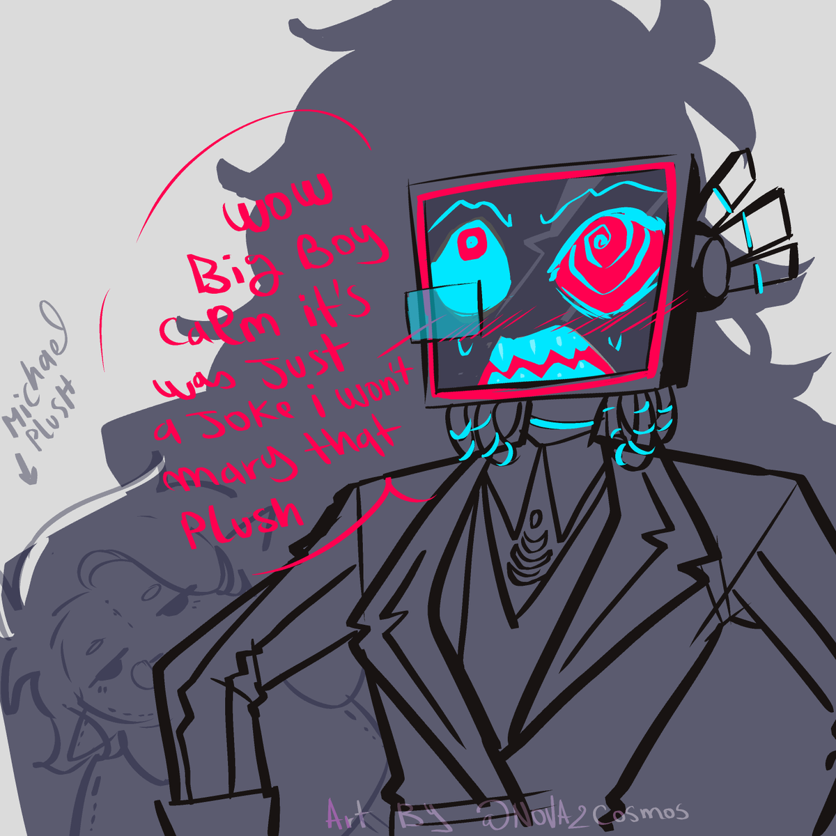 nova2cosmos's tweet photo. Vox got the Jealous Type...not complaining though
(testing brush thing)
#HazbinHotel #HazbinHotelMichael #HazbinHotelOC #HazbinHotelVox #HH_StrangeHotel #justicestatic https://t.co/mY1LlbA7NO