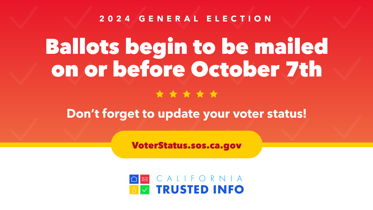 Once u receive your ballot u can vote &amp; return it by mail, at a secure drop box location or in person at your county #elections office. Verify your status:  VoterStatus.sos.ca.gov #GeneralElection2024 #VoteCA #CaliforniaSOS #ShirleyNWeberPhD <a href="/NASSorg/">NASS</a> <a href="/CalCities/">League of California Cities</a> @CSACCounties