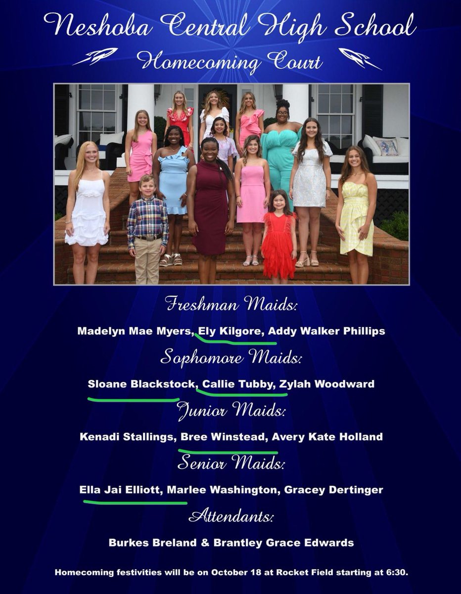 Big congratulations to our #NCRocketSoccer girls for making this year’s Homecoming Court at Neshoba Central. (Names have been underlined)