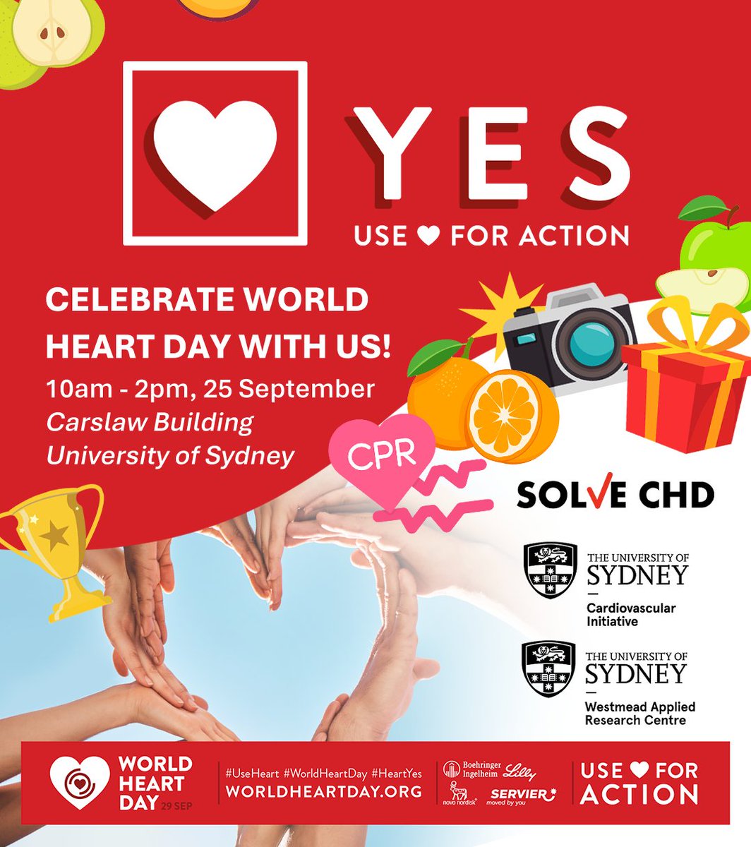 Westmead Applied Research Centre #WARC_USYD (@warc_usyd) on Twitter photo ❤️Join us for World Heart Day 2024! ❤️
Celebrate with an interactive Student Engagement Event <a href="/Sydney_Uni/">University of Sydney</a>
🗓️ Wed 25 Sept
🕙10am–2pm
📍Carslaw Bldg Courtyard, USYD
💡Learn CPR, win prizes & discover heart-healthy tips! Let.s raise awareness & take action for heart health!❤️
🖋️ ❤️Join us for World Heart Day 2024! ❤️
Celebrate with an interactive Student Engagement Event <a href="/Sydney_Uni/">University of Sydney</a>
🗓️ Wed 25 Sept
🕙10am–2pm
📍Carslaw Bldg Courtyard, USYD
💡Learn CPR, win prizes & discover heart-healthy tips! Let.s raise awareness & take action for heart health!❤️
🖋️