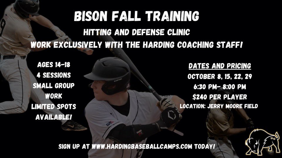 🚨BISON FALL TRAINING🚨

Limited spots available…. Sign up while you can. 

Attendees will receive small group defensive and hitting instruction from the Bison Baseball Staff!

#FAMILY