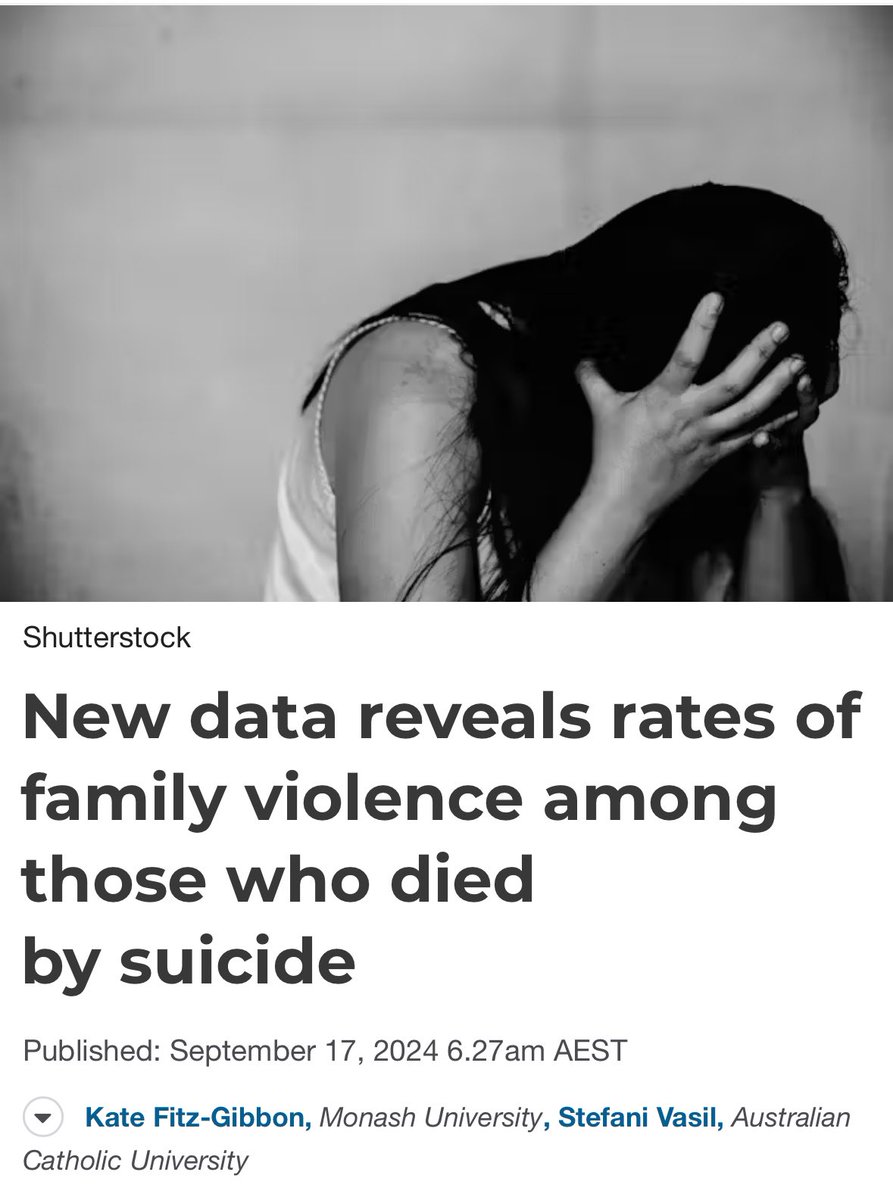 Kate Fitz-Gibbon (@kate_fitzgibbon) on Twitter photo Current efforts to prevent femicide in Australia should extend to accounting for & better understanding deaths by suicide following family violence.
Read our analysis of <a href="/CoronersVic/">Coroners Court of Victoria</a> data on experiences of family violence among reported suicides theconversation.com/new-data-revea… Current efforts to prevent femicide in Australia should extend to accounting for & better understanding deaths by suicide following family violence.
Read our analysis of <a href="/CoronersVic/">Coroners Court of Victoria</a> data on experiences of family violence among reported suicides theconversation.com/new-data-revea…