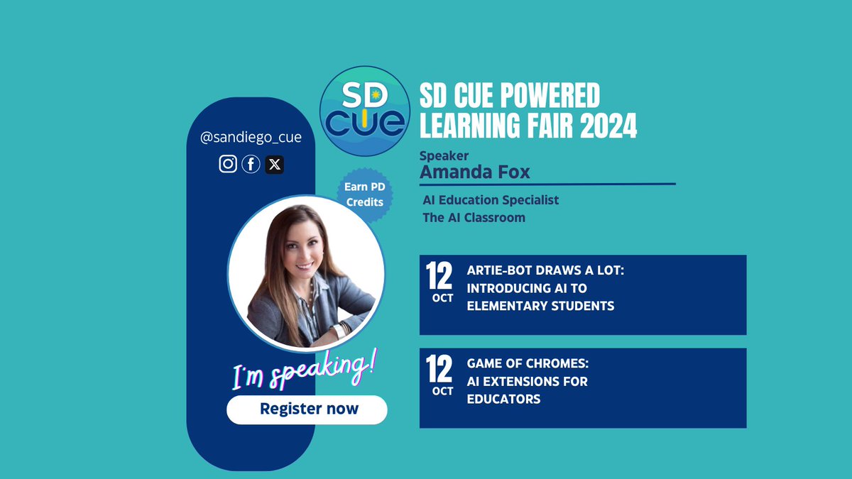 AmandaFoxSTEM's tweet image. Who else will be at CUE San Diego in October???

I’m honored to be invited by @sandiego_cue as a speaker for the #SDCUE Powered Learning Fair!

Take advantage of my session and many more - register today - bit.ly/sdcue24

I hope to see you there! 

#aiclassroom #artiebot