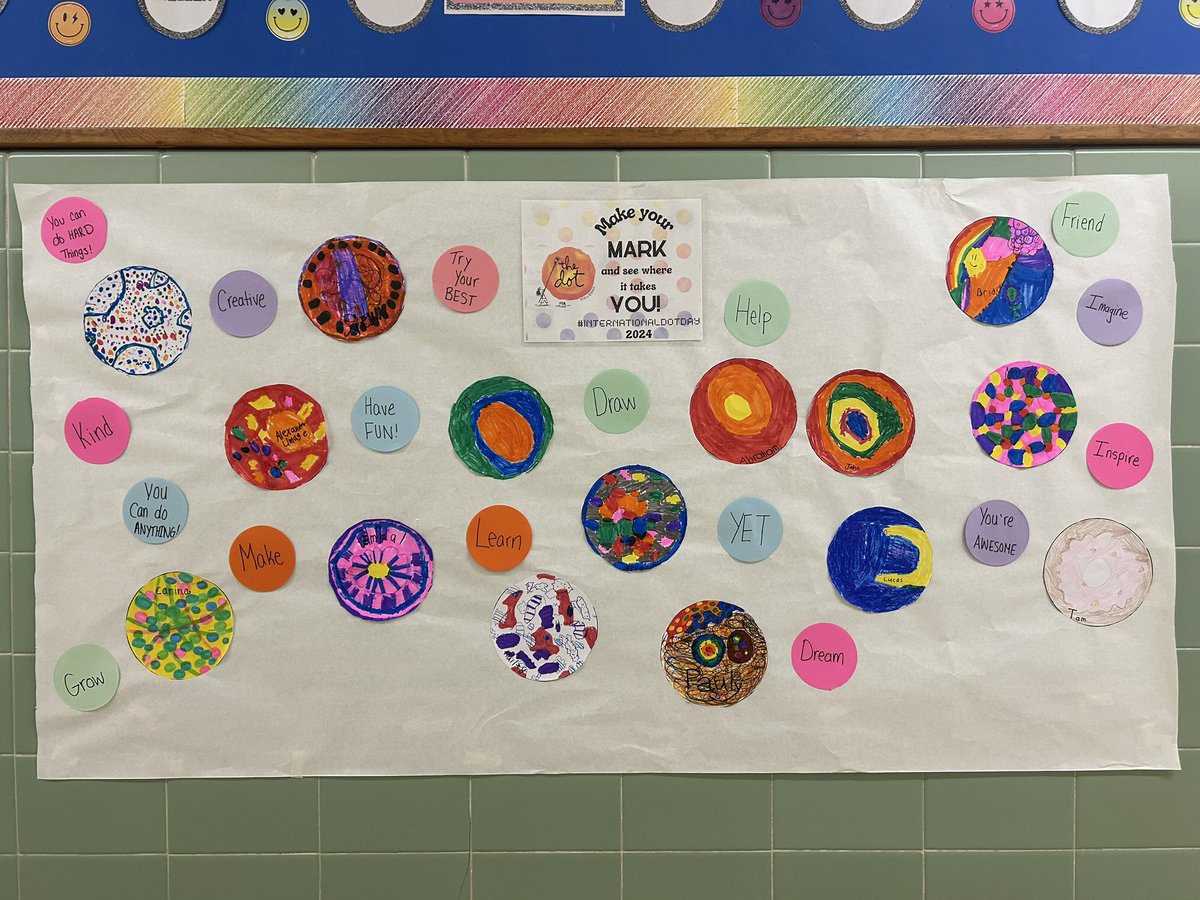 MsKravitzReads's tweet photo. Today we celebrated International Dot Day! We took part in the live global event with author, Peter Reynolds. We did a directed drawing, listened to him read The Dot, designed our own unique “dots”, and brainstormed positive words/phrases to “make our mark!” ✨ @peterhreynolds https://t.co/4TAdR9h1Zf